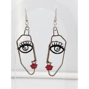 Face Dangle Earrings Silver Tone Red Lips Eye Rhinestone Abstract Art 56mm Set